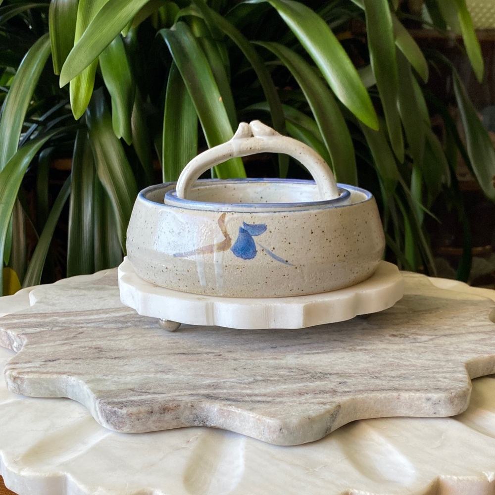 Vintage Handcrafted Pottery Pansy Ring with Handle - Artist Ceramic Vase Decor